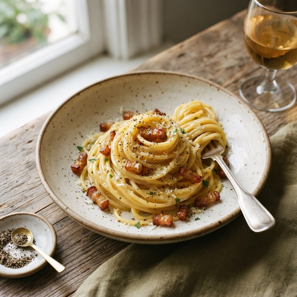 Espaguete à carbonara com guanciale e pecorino
