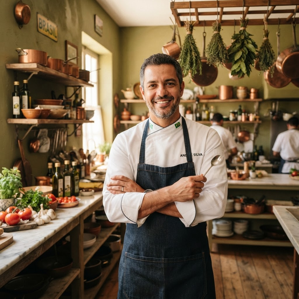 Retrato do Chef Vinicius Vieira em sua cozinha