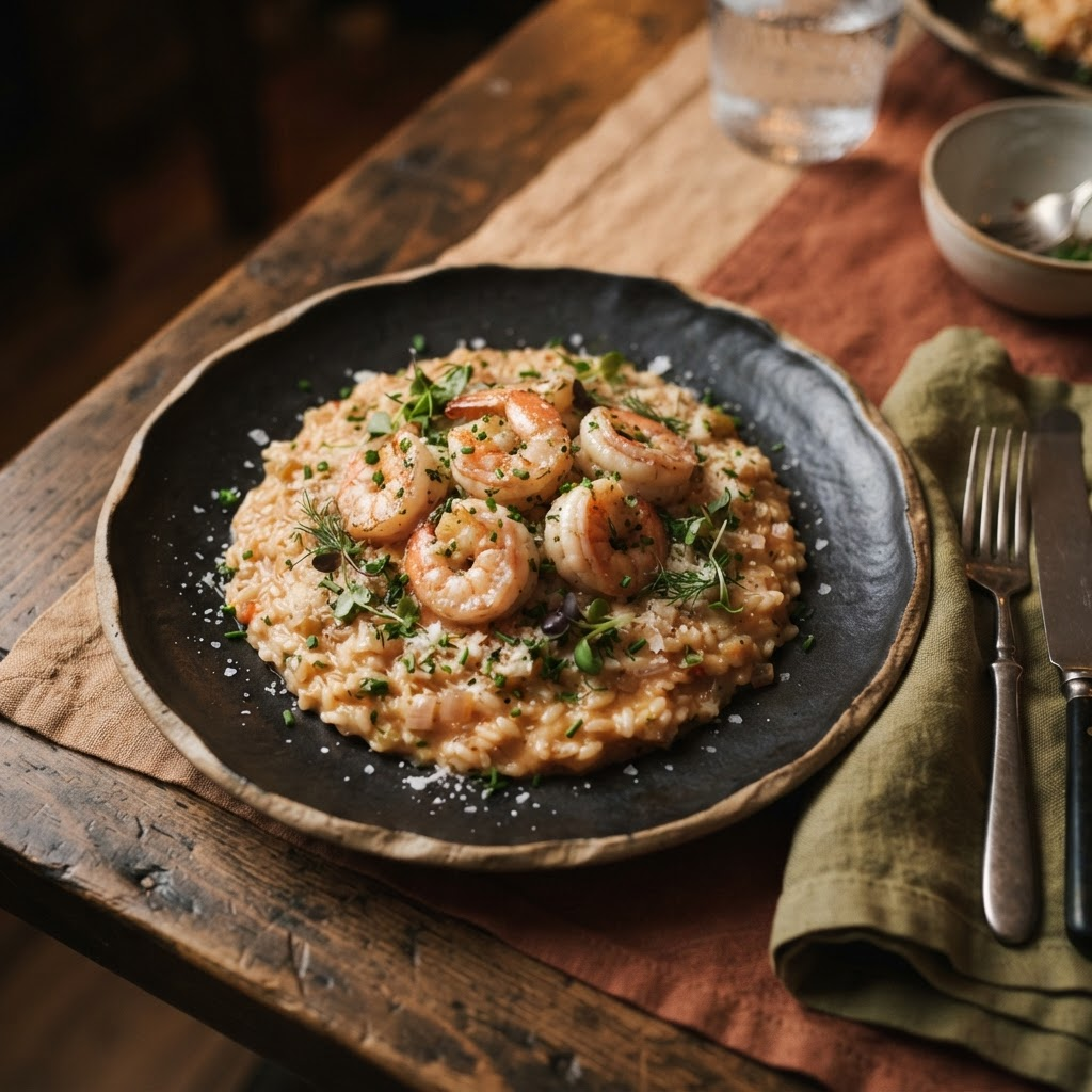 Risoto de camarão finalizado e empratado, estilo de restaurante