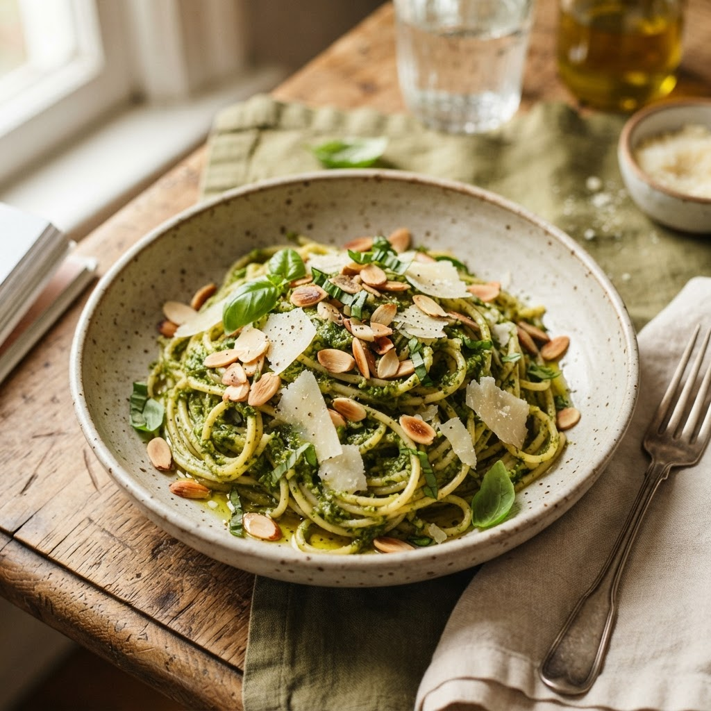 Espaguete com molho pesto de manjericão e castanhas